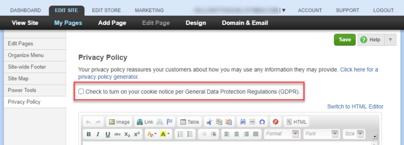 checkmark box to enable the cookie notice on your Privacy page